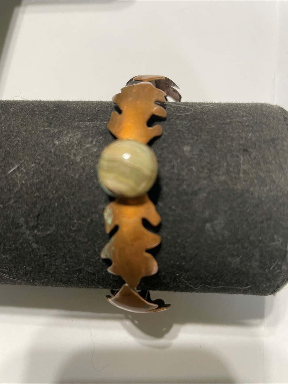 Handcrafted Copper Shell Leaf Bracelet with Beige Stone Accent
